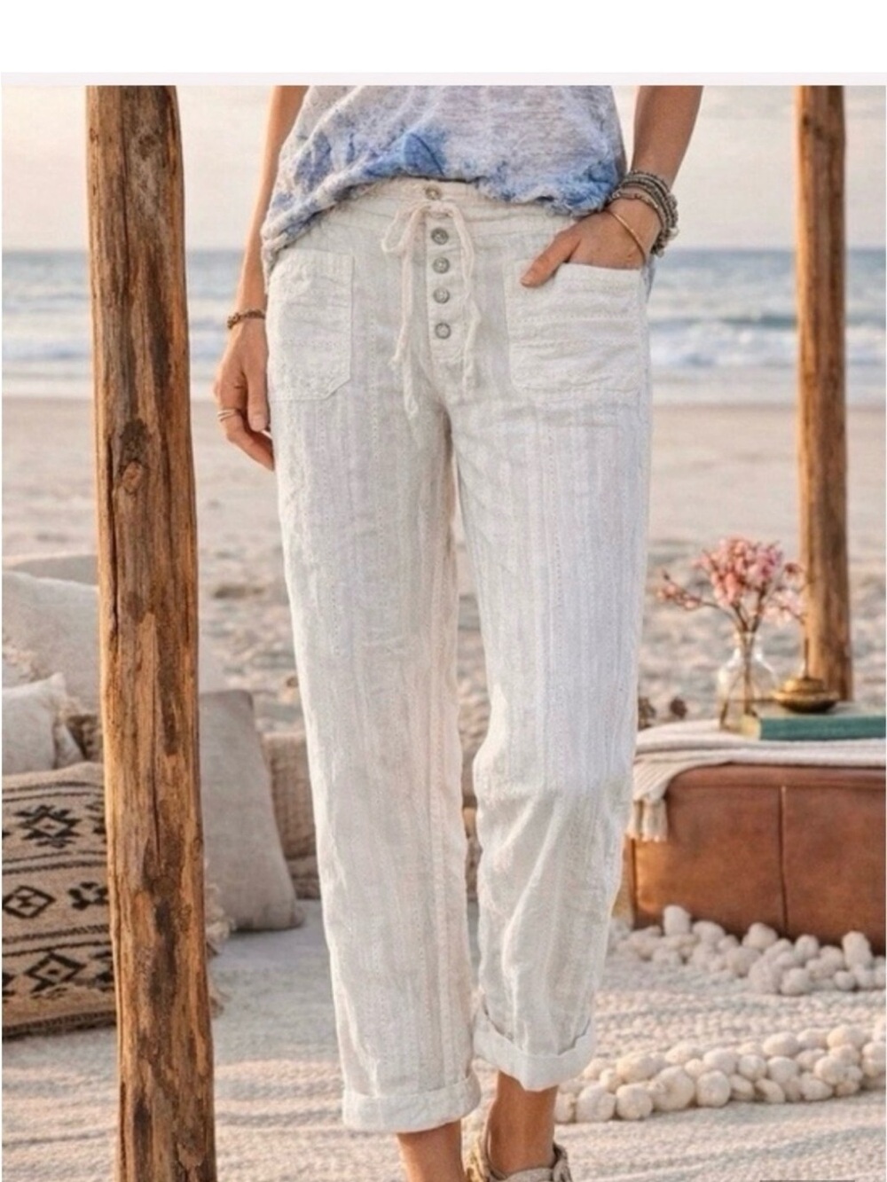 Sundance NWOT White Eyelet Drawstring Waist wide leg Pants, GIGI xxl
